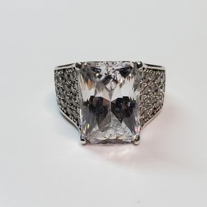 HSN Rectangle Octagon Cut Cubic Zirconia Sterling Silver Cocktail Ring Size 7.5